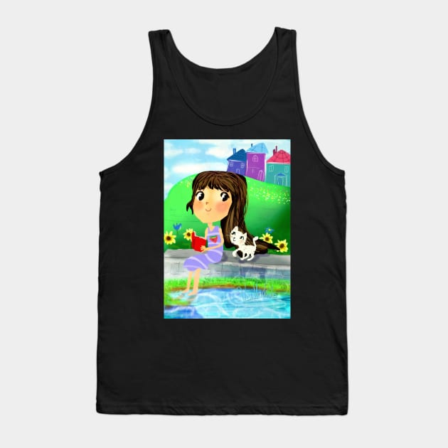 A girl with a kitty reading a book by the river Tank Top by markatos